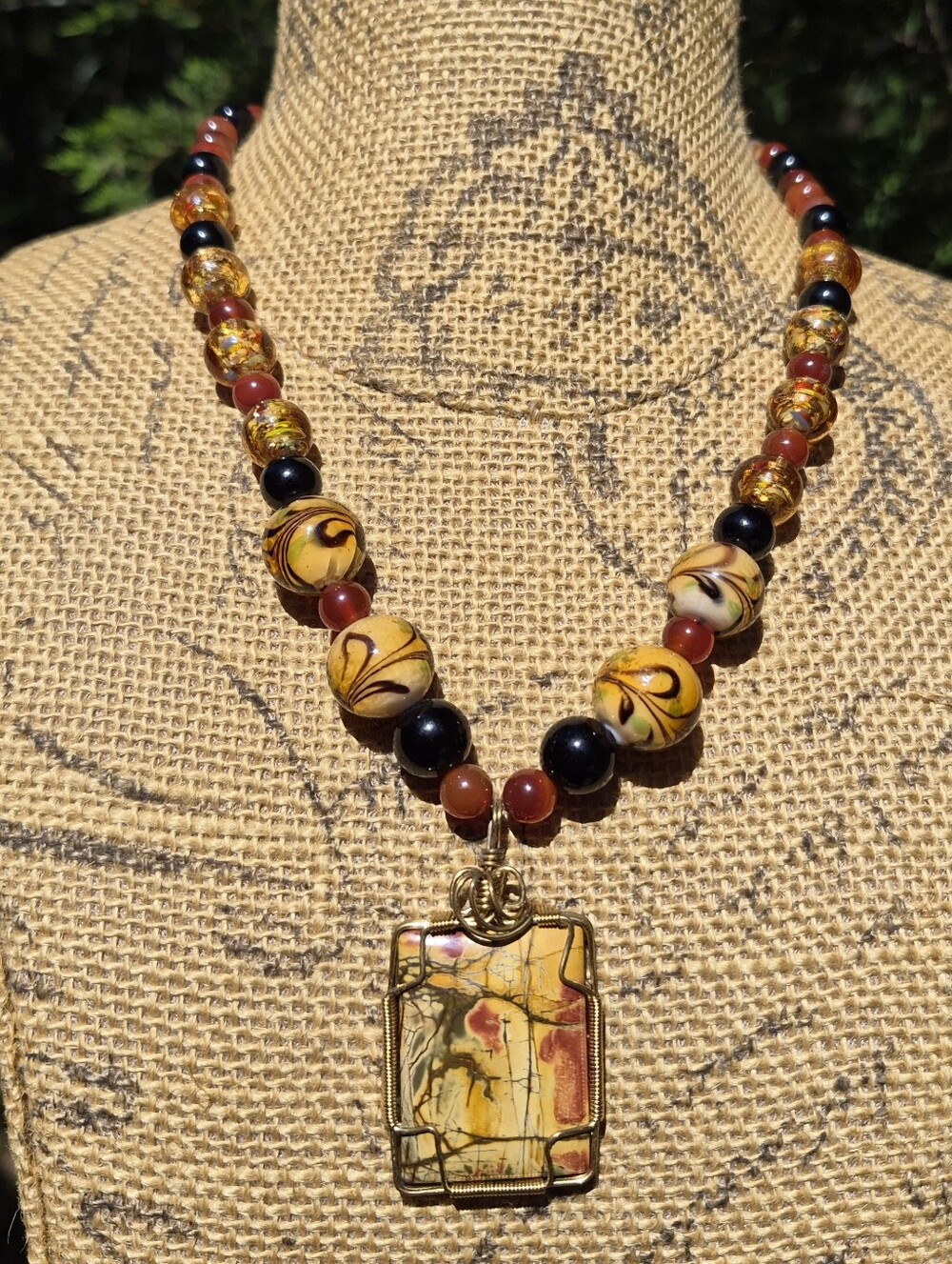 Artisan Wire Wrapped Picasso Jasper Carnelian Art Glass Beaded Necklace 20" - Picture 6 of 9